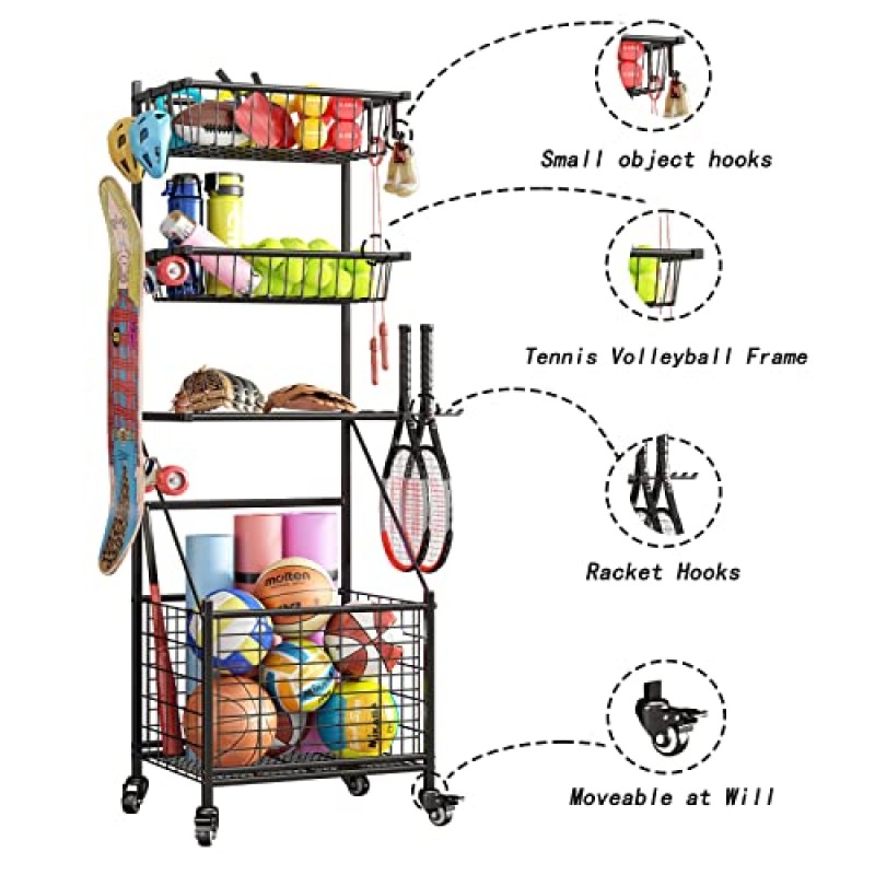 INGIORDAR 차고 스포츠 장비 정리 시스템 볼 기어 바구니 후크와 바퀴가 있는 야외 장난감 보관 랙 공용 롤링 농구 랙, 블랙