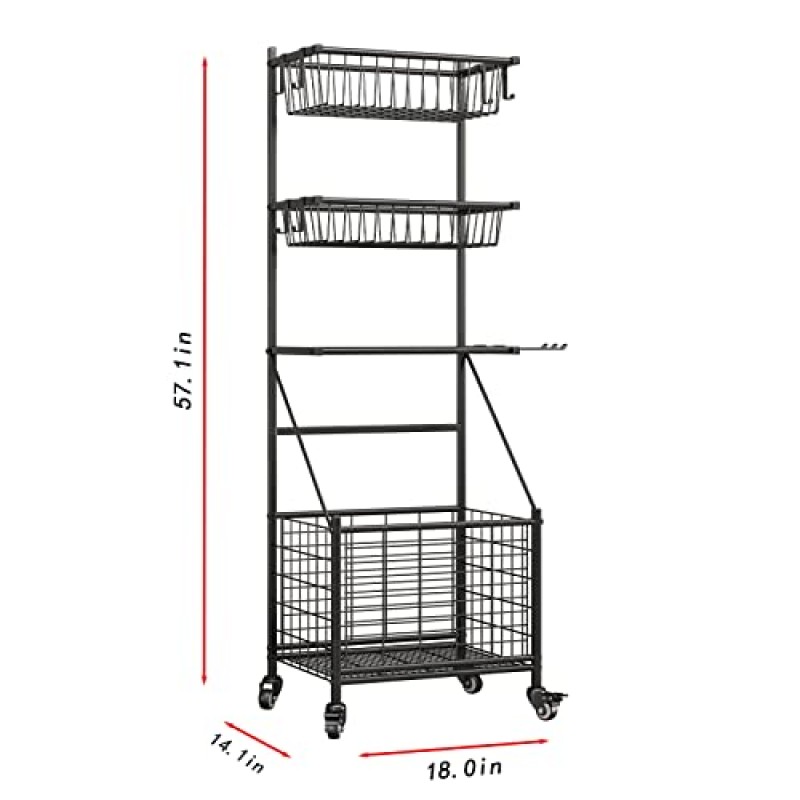 INGIORDAR 차고 스포츠 장비 정리 시스템 볼 기어 바구니 후크와 바퀴가 있는 야외 장난감 보관 랙 공용 롤링 농구 랙, 블랙