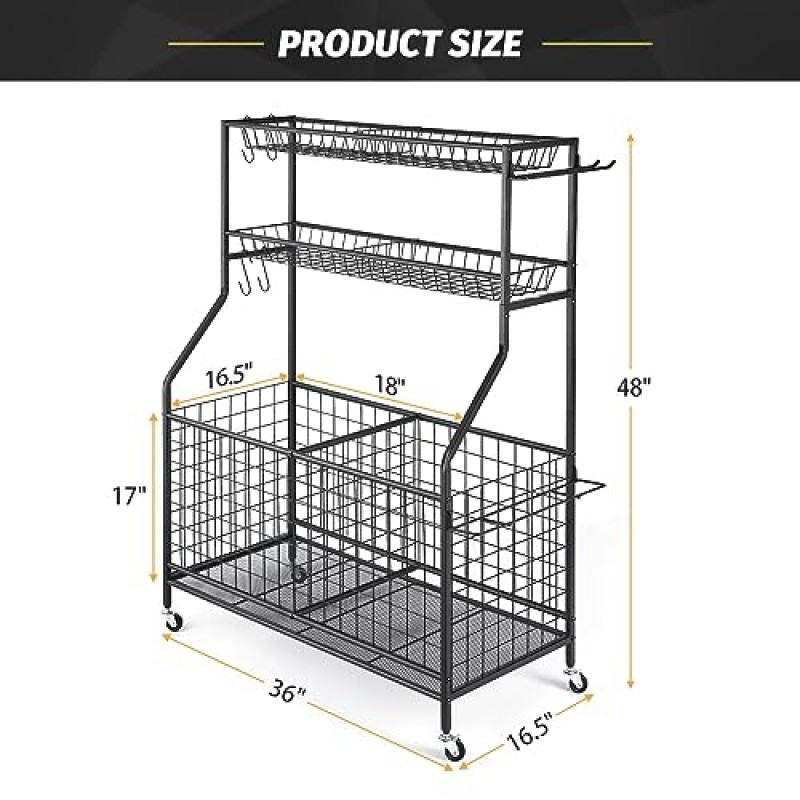 TNINE 스포츠 장비 차고 정리함, 차고 장난감 정리함, 실내/실외 사용을 위한 롤링 볼 보관 카트, 스포츠 장비 랙, 농구, 야구 방망이, 축구공, 테니스 라켓 등 보관