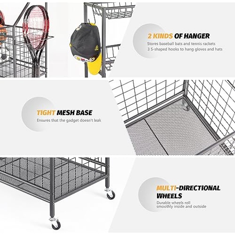 TNINE 스포츠 장비 차고 정리함, 차고 장난감 정리함, 실내/실외 사용을 위한 롤링 볼 보관 카트, 스포츠 장비 랙, 농구, 야구 방망이, 축구공, 테니스 라켓 등 보관