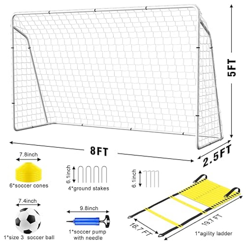 뒷마당을 위한 HEYRSUN 축구 목표, 8x5ft 휴대용 축구 목표, 축구공, 민첩성 사다리 및 콘이 포함된 축구 네트 훈련 장비, 청소년 어린이 야외 스포츠 게임을 위한 뒷마당용 축구 네트