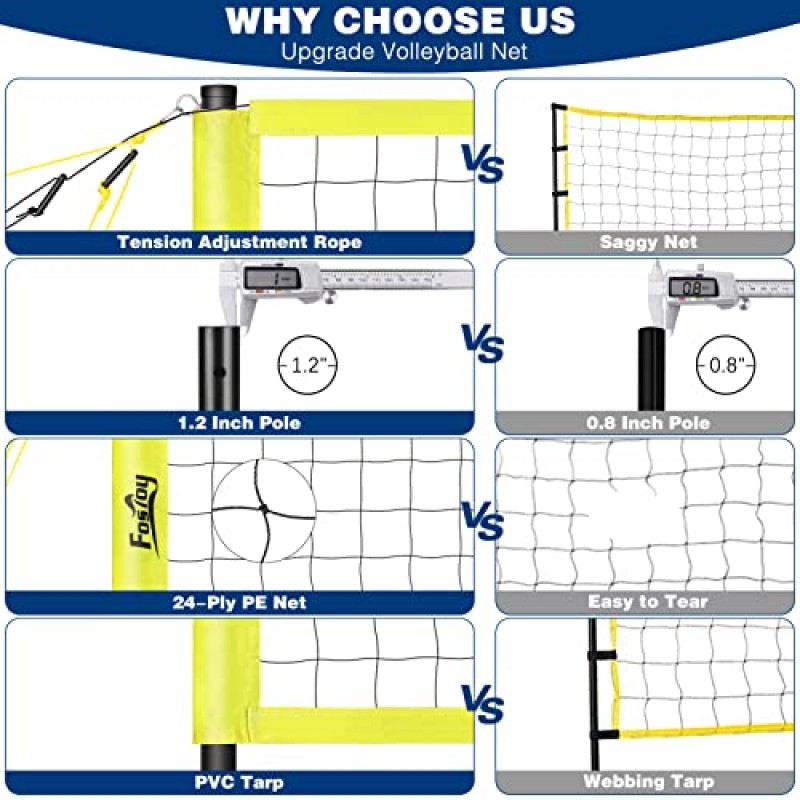 Fostoy 배구 네트 옥외, 높이 조절이 가능한 강철 기둥, 처짐 방지 시스템, 펌프가 있는 배구, 경계선 및 운반용 가방을 갖춘 휴대용 프로 배구 세트, 뒷마당 잔디 해변용