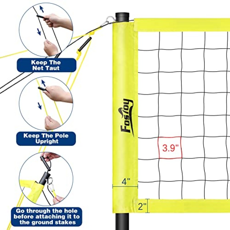 Fostoy 배구 네트 옥외, 높이 조절이 가능한 강철 기둥, 처짐 방지 시스템, 펌프가 있는 배구, 경계선 및 운반용 가방을 갖춘 휴대용 프로 배구 세트, 뒷마당 잔디 해변용
