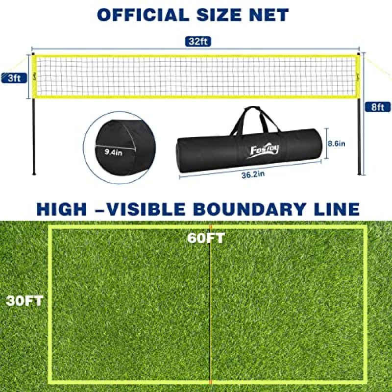 Fostoy 배구 네트 옥외, 높이 조절이 가능한 강철 기둥, 처짐 방지 시스템, 펌프가 있는 배구, 경계선 및 운반용 가방을 갖춘 휴대용 프로 배구 세트, 뒷마당 잔디 해변용
