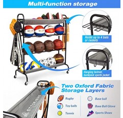 Sttoraboks 농구 랙, 차고 공 보관 스탠드 4층 볼 랙 야구 배트 홀더 및 후크가 있는 롤링 볼 정리함 축구 배구 축구용 바퀴가 달린 스포츠 장비 보관 카트