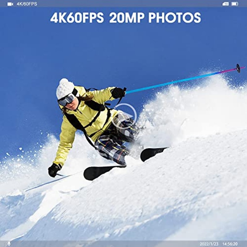 GAMSOD 4K60FPS 20MP WiFi 액션 카메라(전면 LCD 및 터치 후면 스크린 포함), 131피트 방수, 안정화, EIS 2.0, 원격 제어 야외 스포츠 카메라, Vlog 수중 카메라(배터리 2개 포함)