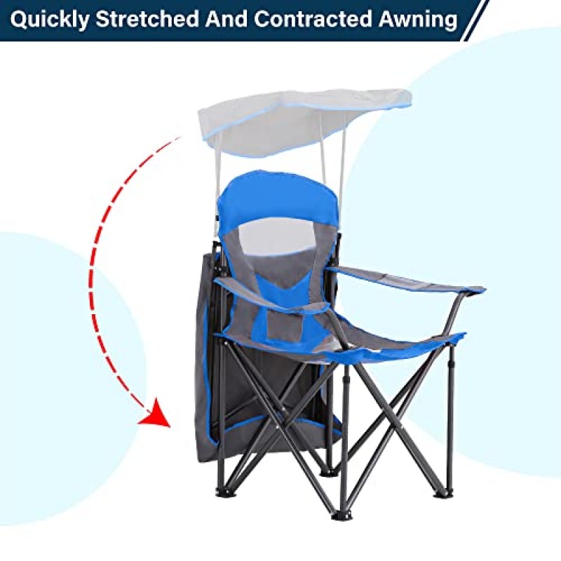 그늘이 있는 하이 포인트 스포츠 캠핑 의자, 헤비 듀티 캐노피 라운지 의자 야외, 캠핑, 해변 및 파티오용 컵 홀더가 있는 차양 하이킹 여행용 의자, 로얄 블루