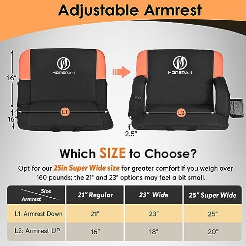 HOPERAN 등받이가 있는 관람석용 양면 온열 경기장 시트, 등받이와 쿠션이 넓은 3단계 난방 관람석 시트, 5포켓 야외용 휴대용 경기장 의자(오렌지색)