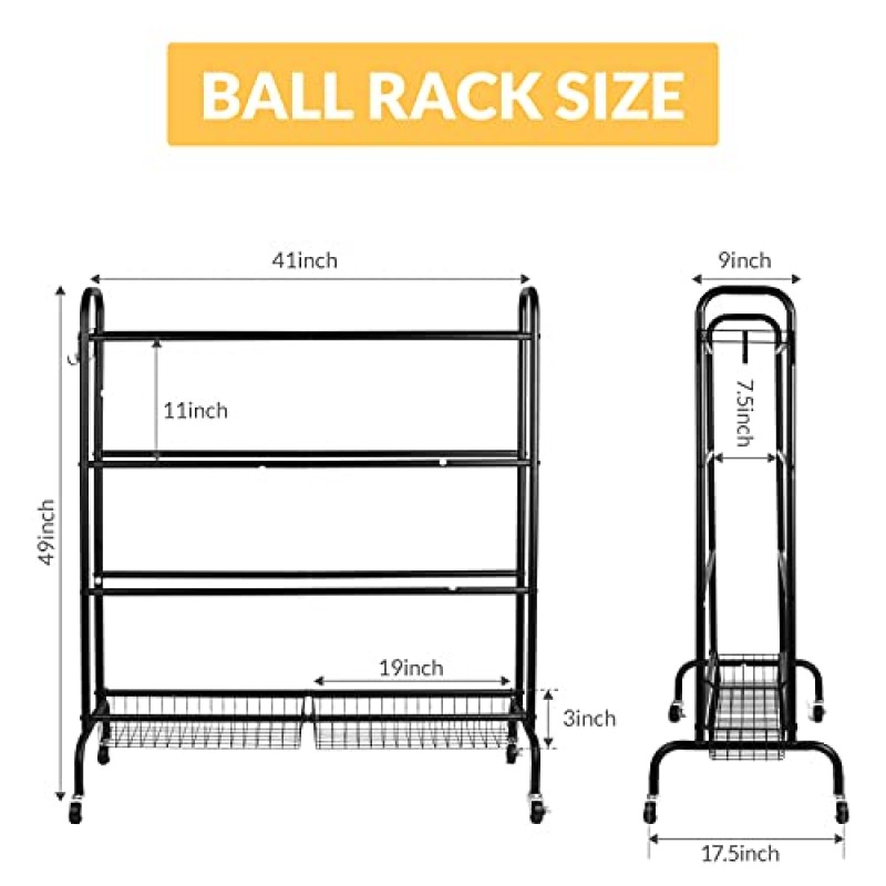 EXTCCT 농구 랙, 롤링 농구 슈팅 훈련 스탠드, 바퀴가 있는 스포츠 장비 보관함, 농구 축구 배구용 바구니 2개가 있는 4층 정리 홀더