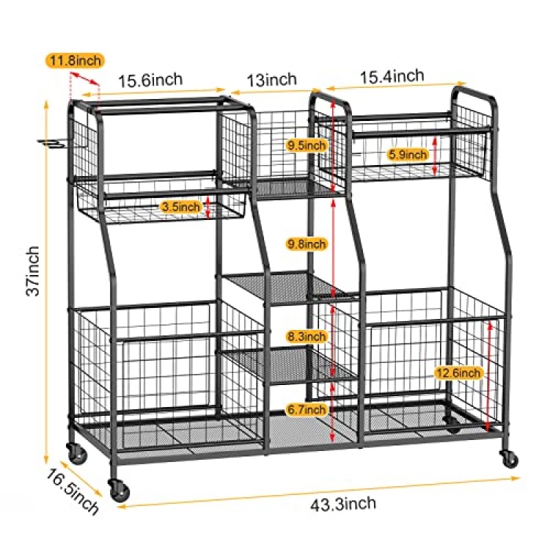 차고 스포츠 장비 정리함, 볼 보관함, 차고 정리함 시스템, 실내/실외 스포츠 랙, 바퀴가 달린 롤링 스포츠 볼 보관 카트, 농구 축구 배구용, 검정색