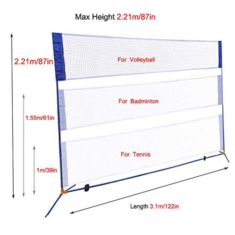 휴대용 높이 조절 가능한 배드민턴 배구 테니스 네트 세트 야외 정원 해변을 위한 폴 스탠드 및 운반 가방이 있는 다목적 스포츠 장비