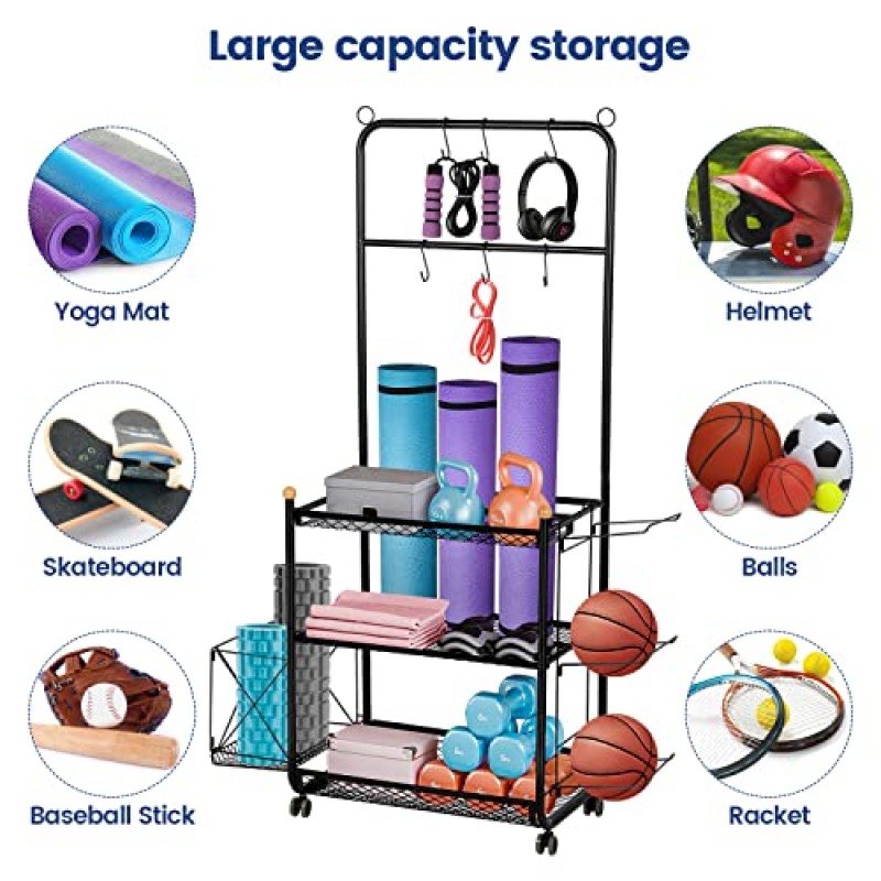 tonchean 차고 스포츠 장비 주최자 실내 실외 스포츠 차고 랙 롤링 볼 보관 바구니와 후크가있는 차고 주최자 요가 스포츠 장비 보관