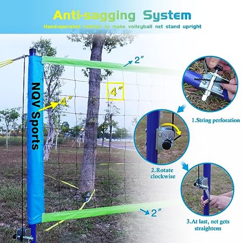 NQV 전문 헤비듀티 야외 배구 네트 세트, 조정 가능한 3단계 높이 강철 기둥, 처짐 방지 시스템, 배구, 펌프, 경계선 및 뒷마당용 운반용 가방 포함