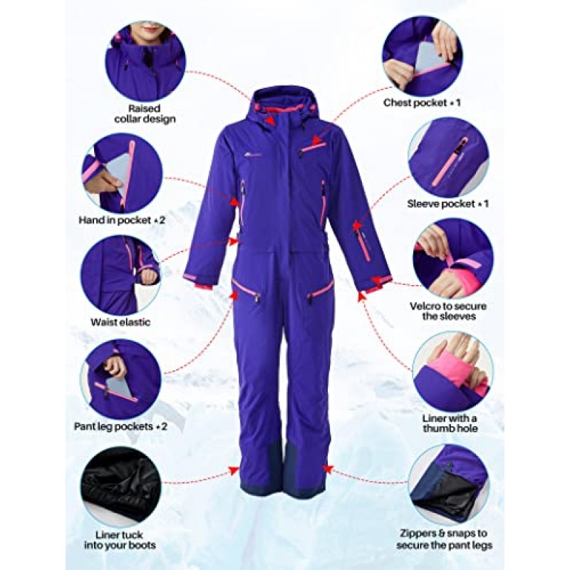 HMANOOUF Womens 원피스 스키 복 겨울 방수 Onesies Snowsuit 이동식 후드 야외 스포츠를위한 스키 점프 슈트