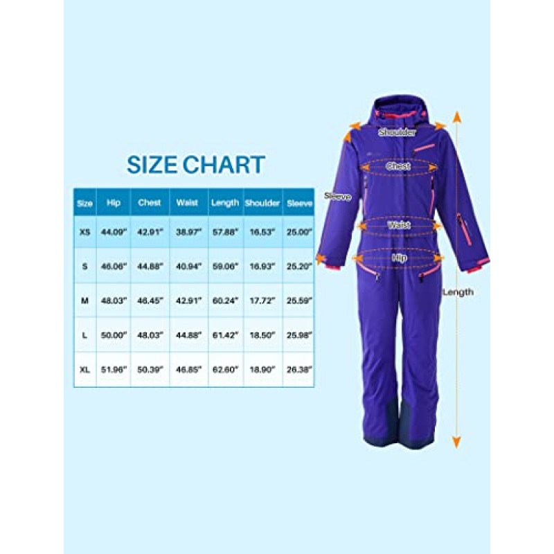 HMANOOUF Womens 원피스 스키 복 겨울 방수 Onesies Snowsuit 이동식 후드 야외 스포츠를위한 스키 점프 슈트