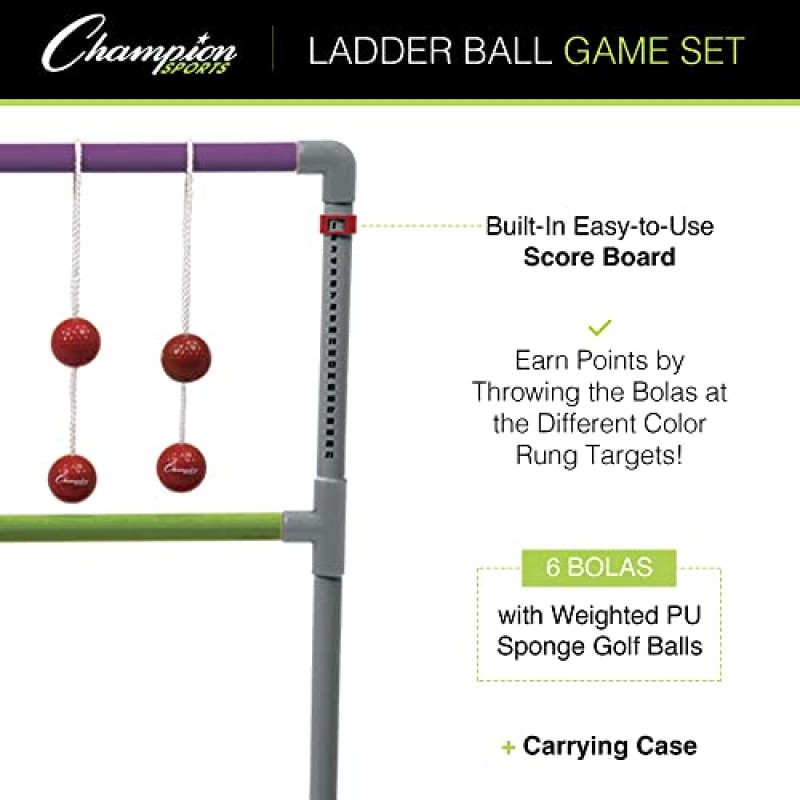 챔피언 스포츠 디럭스 야외 사다리 볼 게임: 뒷마당 파티, 캠핑 및 해변 게임 볼라스 공 및 운반 케이스가 포함된 성인 및 어린이를 위한 사다리 골프 세트