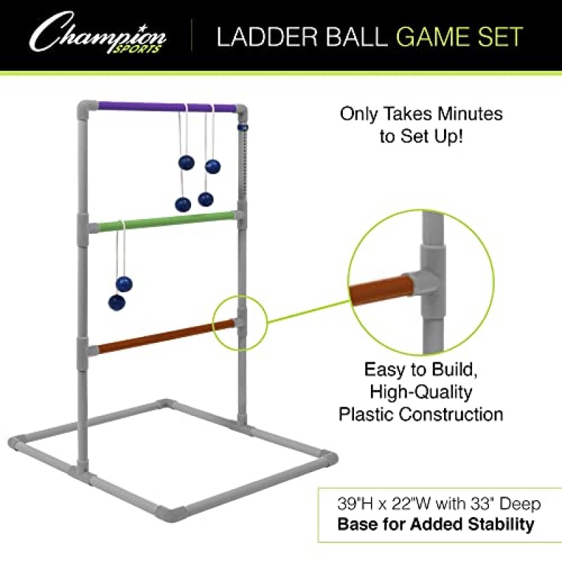 챔피언 스포츠 디럭스 야외 사다리 볼 게임: 뒷마당 파티, 캠핑 및 해변 게임 볼라스 공 및 운반 케이스가 포함된 성인 및 어린이를 위한 사다리 골프 세트