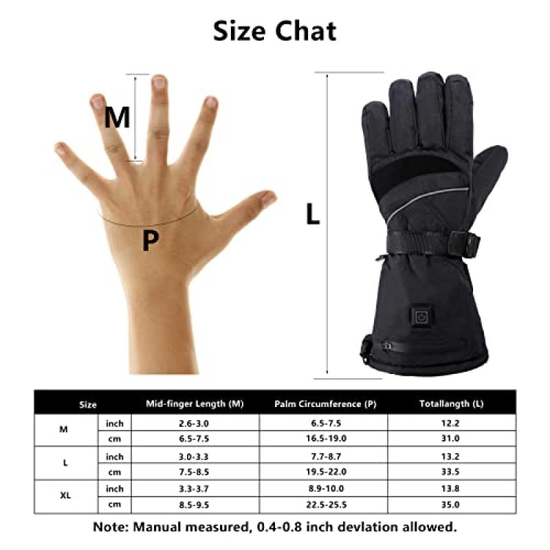 LUWATT 가열 장갑 [업그레이드] 3가지 가열 레벨 충전식 전기 가열 장갑 7.4V 여성용 방수 스포츠용 남성용 야외 스키 오토바이 사냥 겨울 Handwarmer