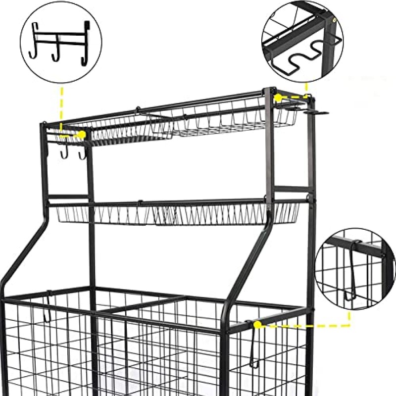 Tutengelctri 차고 스포츠 장비 주최자, 볼 보관 랙, 스포츠 장비 농구 보관함(바구니 및 후크 포함), 야외용 헤비듀티 보관 롤링 카트 축구 럭비 주최자