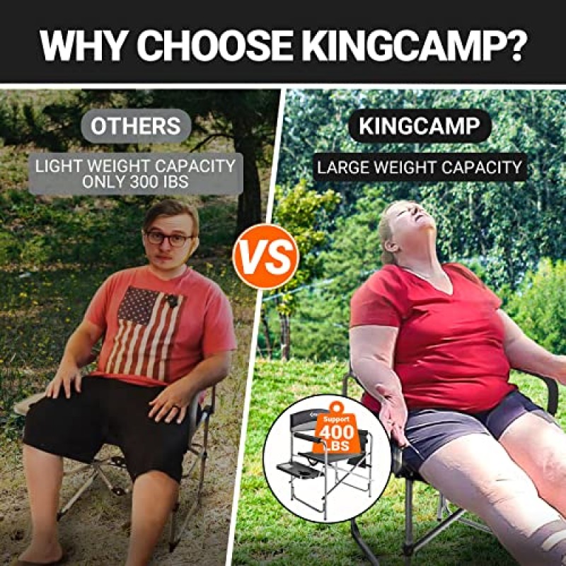 KingCamp 헤비 듀티 캠핑 디렉터 의자는 성인용 400lbs를 지원하며 사이드 테이블 보관 주머니가 있는 패딩 처리된 접이식 휴대용 캠핑 의자 운반용 스트랩