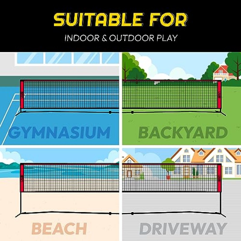 A11N 20피트 배드민턴 피클볼 네트 - 주니어 테니스, 축구 테니스 및 어린이 배구용 높이 조절 가능 - 실내 및 실외 놀이용 휴대용