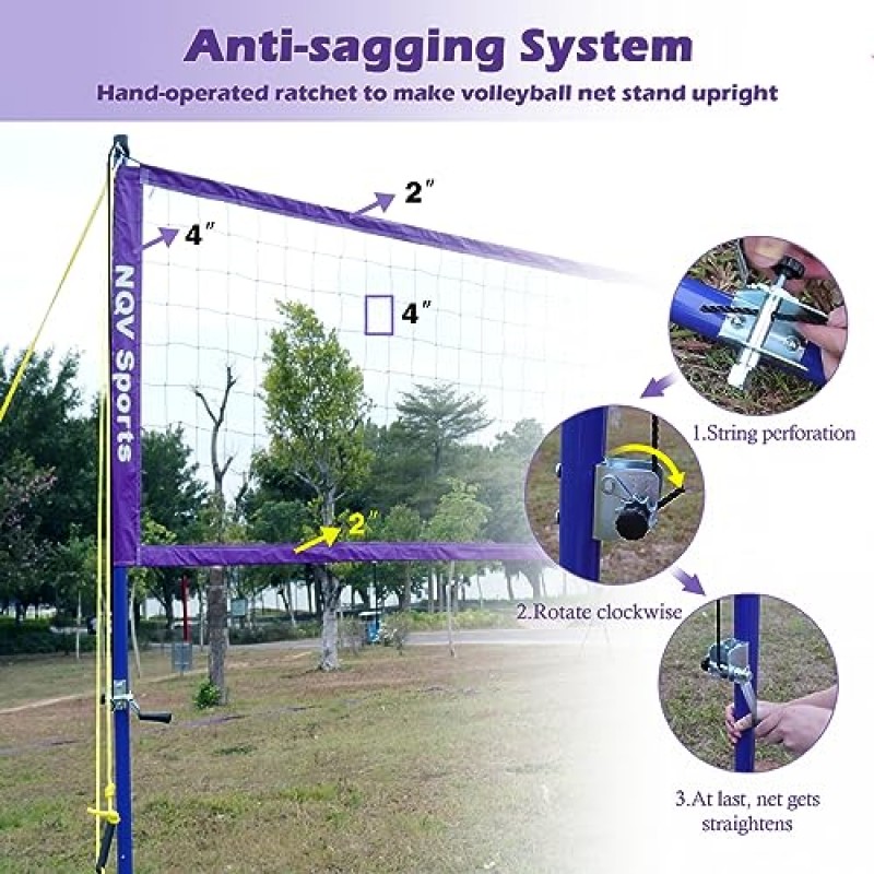 NQV 전문 헤비듀티 야외 배구 네트 세트, 조정 가능한 3단계 높이 강철 기둥, 처짐 방지 시스템, 배구, 펌프, 경계선 및 뒷마당용 운반용 가방 포함