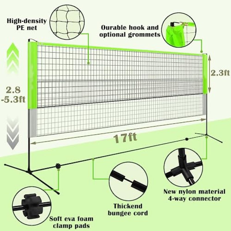 HuseWming 17FT 올인원 배드민턴, 피클볼 및 뒷마당용 어린이 배구 네트 세트, 휴대용 그물 3-5FT 조절 가능한 높이 네트가 포함된 야외 진입로 해변 스포츠 세트