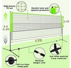 HuseWming 17FT 올인원 배드민턴, 피클볼 및 뒷마당용 어린이 배구 네트 세트, 휴대용 그물 3-5FT 조절 가능한 높이 네트가 포함된 야외 진입로 해변 스포츠 세트