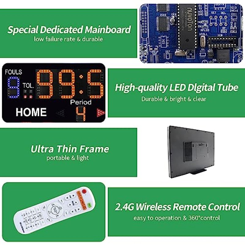 YZ 배터리 구동식 전자 농구 스코어보드 타이머(슛 시계, 12/14/24/30S 맞춤형 샷 시계 원격 포함 디지털 스코어보드, 카운트다운 타이머 시계 점수 키퍼, 실내 실외용)