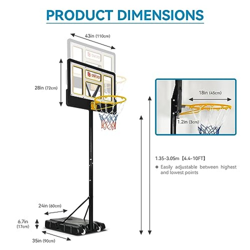 DWVO 휴대용 농구 골대 조절 가능한 높이, 다양한 연령대를 위한 실내 실외 농구 골대