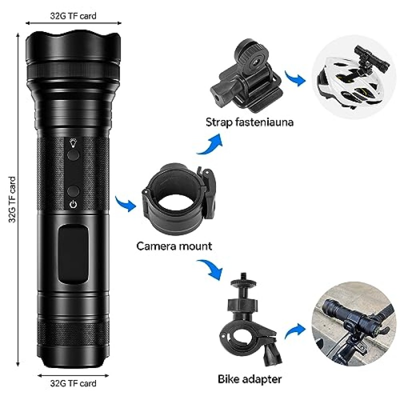 헬멧 카메라 야외 자전거 스포츠 카메라, 3-in-1 방수 LED 손전등 레코더, 야간 사진/비디오 녹화에 적합, 5개의 조정 가능한 조명 포함