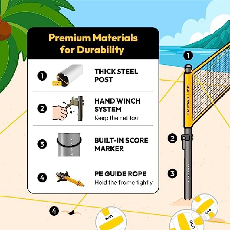 A11N 야외 배구 및 배드민턴 콤보 세트 - 높이 조절 가능한 처짐 방지 네트, 배구, 공기 펌프, 배드민턴 라켓 4개, 셔틀콕 2개, 경계선 마커 및 휴대용 가방 포함
