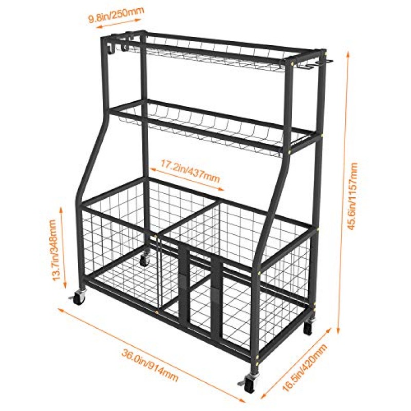 Uboway 차고 스포츠 장비 정리함: 볼 보관용 스포츠 장비 정리함, 바구니와 후크가 있는 차고 보관 시스템, 스포츠 및 장난감용 실내 또는 실외 장비 보관함