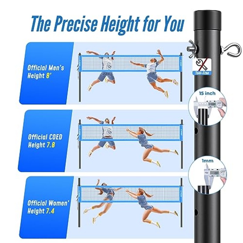 Patiassy 프로 배구 네트 야외, 네트 장력 조절기, 조절 가능한 높이 폴, 배구, 경계선 및 운반 가방이 있는 뒷마당용 휴대용 배구 세트