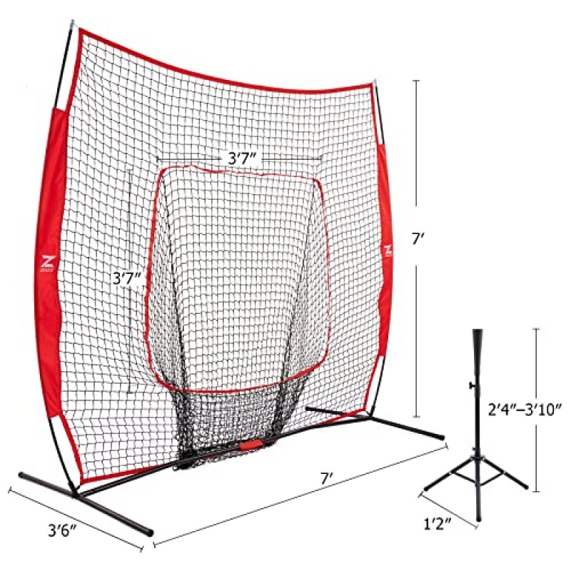 야구 티와 양말 네트가 포함된 ZELUS 야구 네트 키트, 타격 및 타격 연습을 위한 7x7ft 소프트볼 야구 훈련 장비, 캐리 백이 포함된 휴대용 실내 실외 피칭 네트 야구 3개