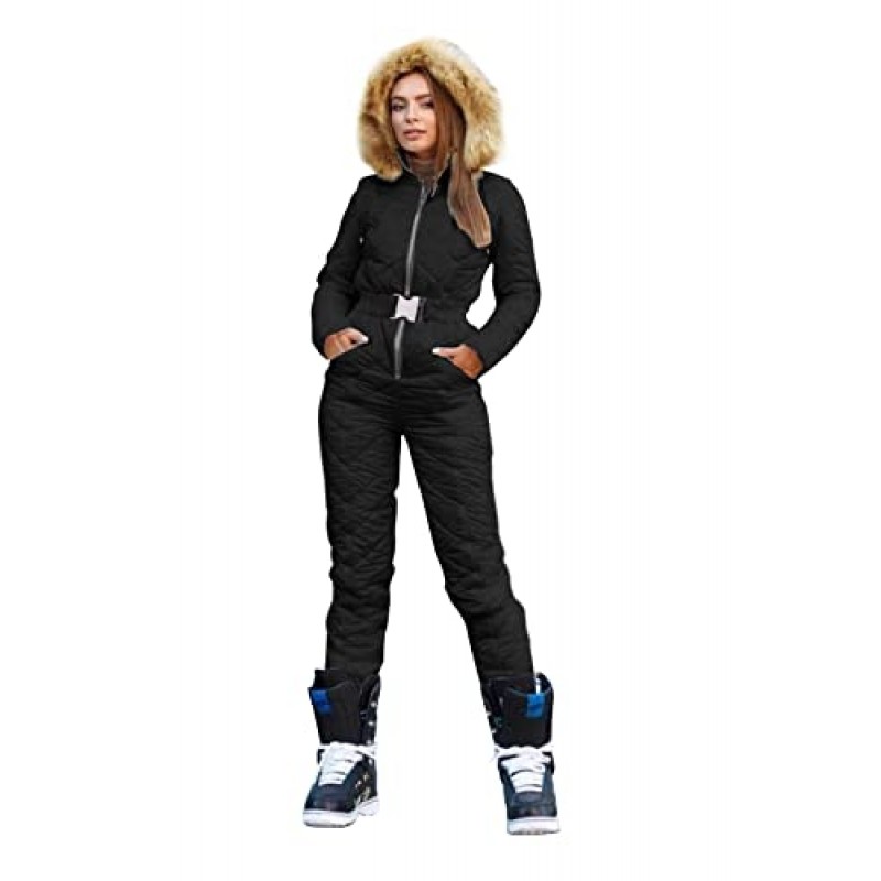 Yousify Womens Winter Onesies 스키 복 후드 모피 칼라 스키 점프 슈트 Snowsuit 야외 스포츠 코트