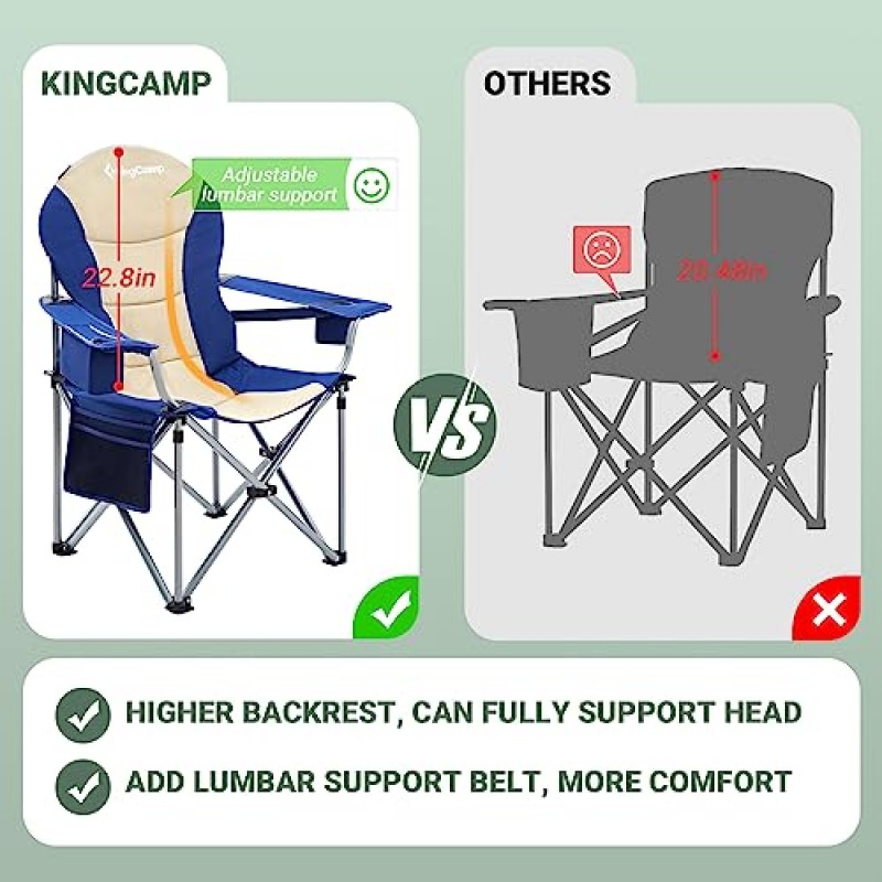 KingCamp 요추 등받이 패딩 캠프 의자 헤비 듀티 대형 접이식 캠핑 의자 야외, 낚시, 마당, 스포츠용 쿨러 가방 팔걸이 및 운반 가방이 있는 휴대용 잔디 의자