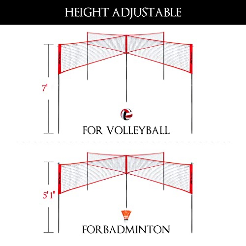 FITPLAY 4사각형 배구/배드민턴 네트 세트, 높이 조절이 가능한 뒷마당용 4방향 배구 네트, 2,3,4인용 야외 휴대용 배구 네트, 청소년 및 성인용 게임 세트