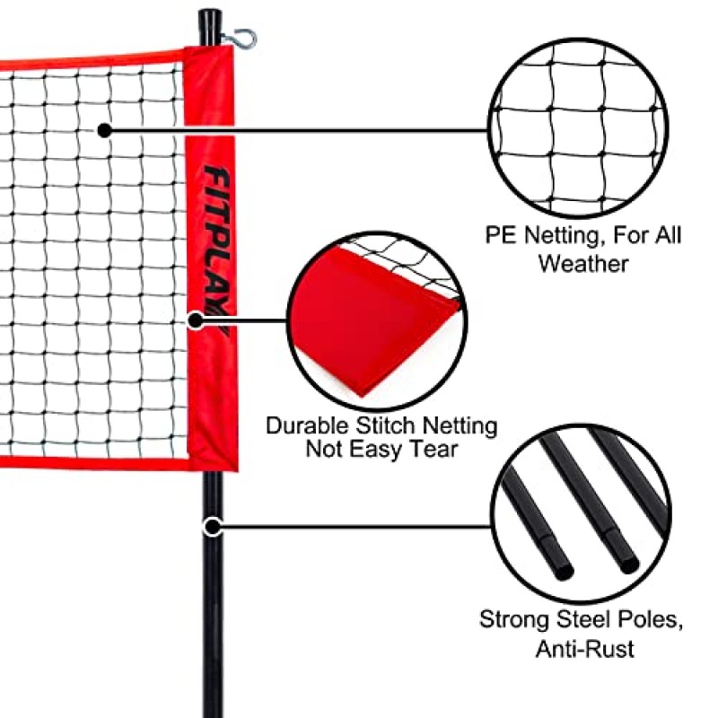 FITPLAY 4사각형 배구/배드민턴 네트 세트, 높이 조절이 가능한 뒷마당용 4방향 배구 네트, 2,3,4인용 야외 휴대용 배구 네트, 청소년 및 성인용 게임 세트