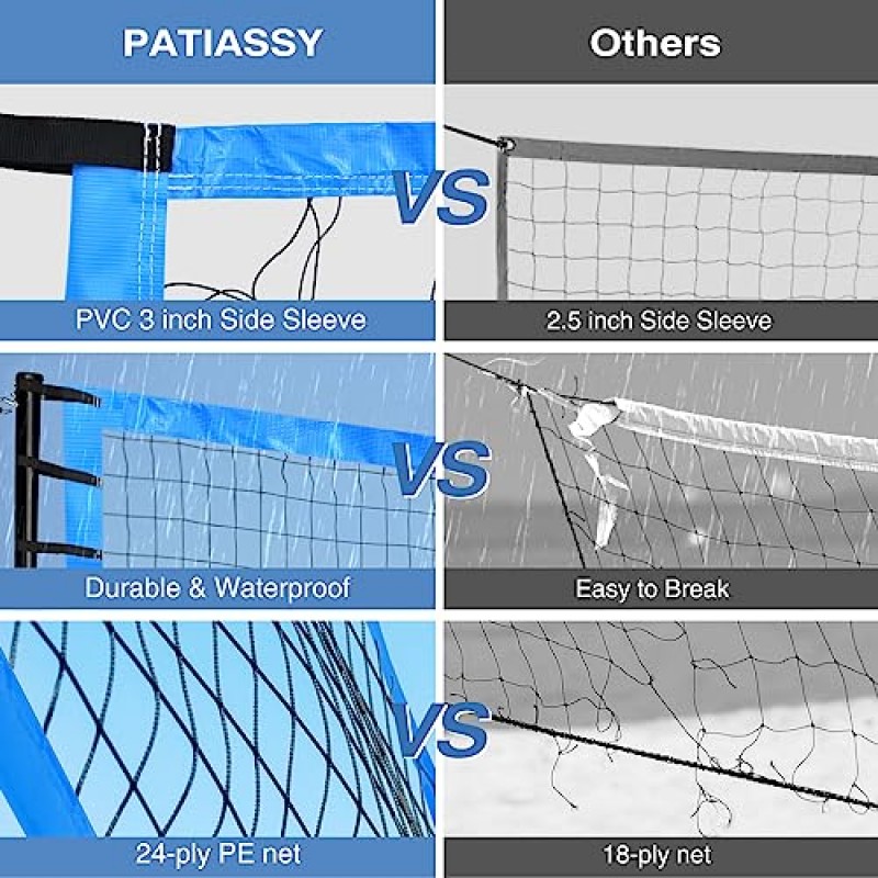 Patiassy 야외 휴대용 배구 네트 세트 시스템 - 빠르고 쉬운 설정 높이 조절이 가능한 강철 기둥, 해변 뒷마당용 펌프 및 휴대용 가방이 포함된 PU 배구