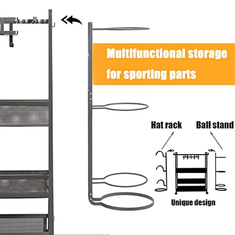 Jubao 차고 볼 보관함 캐스터 바퀴가 있는 롤링 스포츠 랙 주최자, 바구니와 후크가 있는 실내 스포츠 장비 보관함, 캡 홀더가 있는 야외 스포츠 장비 주최자