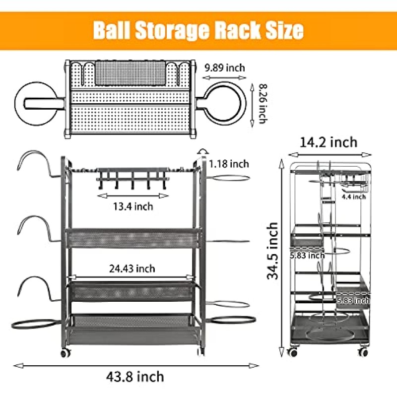 Jubao 차고 볼 보관함 캐스터 바퀴가 있는 롤링 스포츠 랙 주최자, 바구니와 후크가 있는 실내 스포츠 장비 보관함, 캡 홀더가 있는 야외 스포츠 장비 주최자