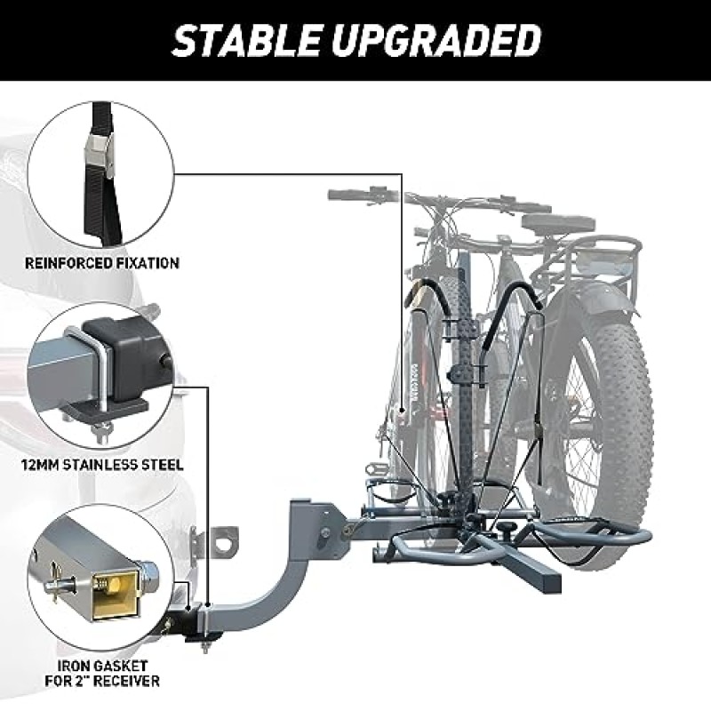 WILDROAD 히치 자전거 랙, 흔들림 없는 스마트 틸팅 자전거 랙, 표준, 팻 타이어 및 E-자전거용 접이식 2자전거 랙, 2자전거 180lbs 용량, 2인치 수신기에 적합