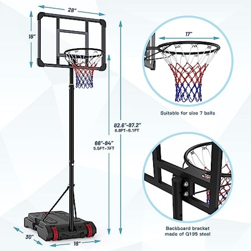 휴대용 농구 후프, 5.5-7FT 조정 가능한 농구 목표 시스템, 내후성 백보드 스탠드 시스템 실내 실외용 어린이 청소년 성인