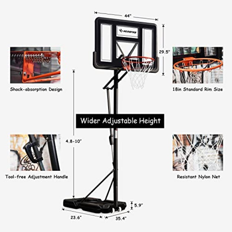 HEROPRO 농구 골대 야외 4.8-10피트 조절 가능, 어린이와 성인을 위한 실내 농구 목표 시스템, 백보드 44인치 및 림 18인치