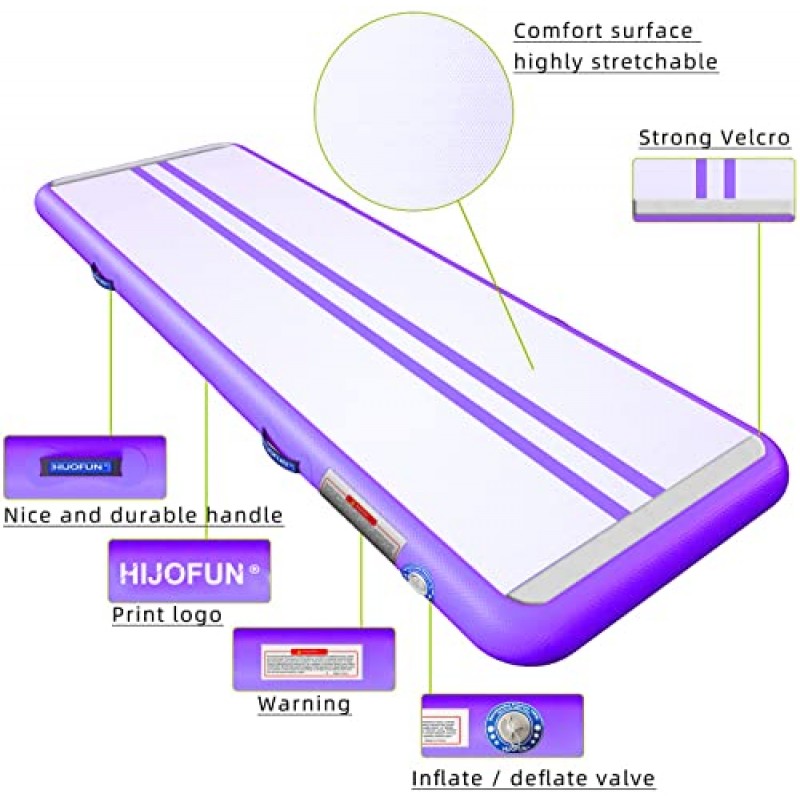 HIJOFUN 체조 텀블 매트용 프리미엄 팽창식 공기 텀블링 트랙 10피트 13피트 16피트 20피트 4인치 8인치 두께, 가정용 어린이/체육관/요가/훈련/치어리딩/야외/수영장/해변용 650W 전기 공기 펌프 포함