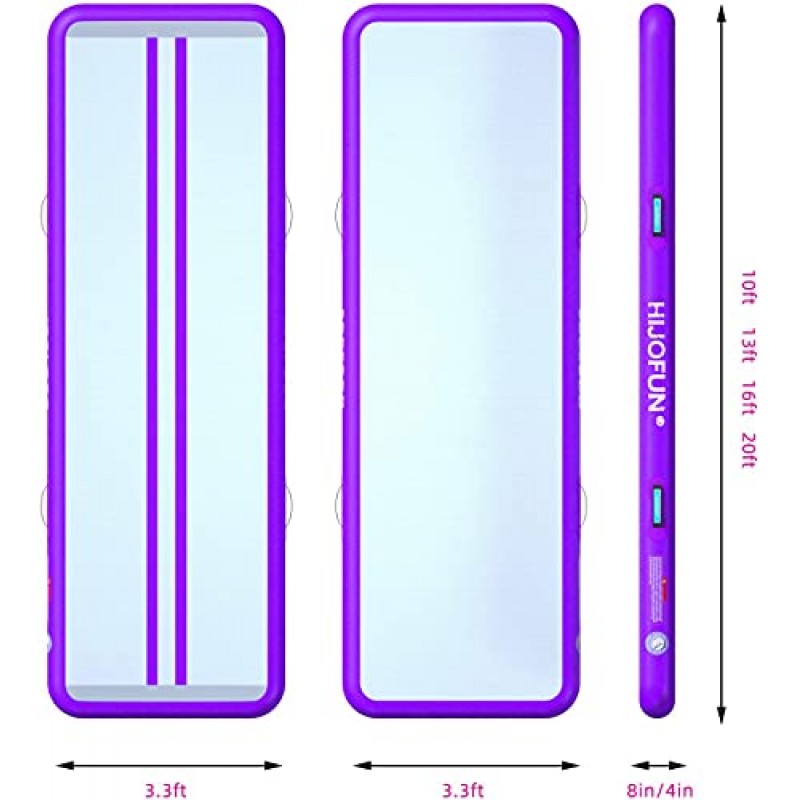 HIJOFUN 체조 텀블 매트용 프리미엄 팽창식 공기 텀블링 트랙 10피트 13피트 16피트 20피트 4인치 8인치 두께, 가정용 어린이/체육관/요가/훈련/치어리딩/야외/수영장/해변용 650W 전기 공기 펌프 포함
