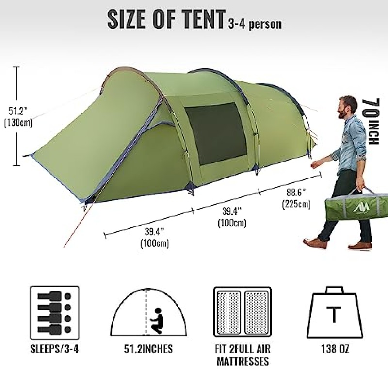 캠핑 텐트 2-4인용, 더블 레이어 베란다가 있는 방수 백패킹 텐트 빠르고 쉬운 설치 2개의 문 4계절 텐트 해변 피크닉 하이킹 여행 스포츠 야외용 휴대용 운반용 가방 포함