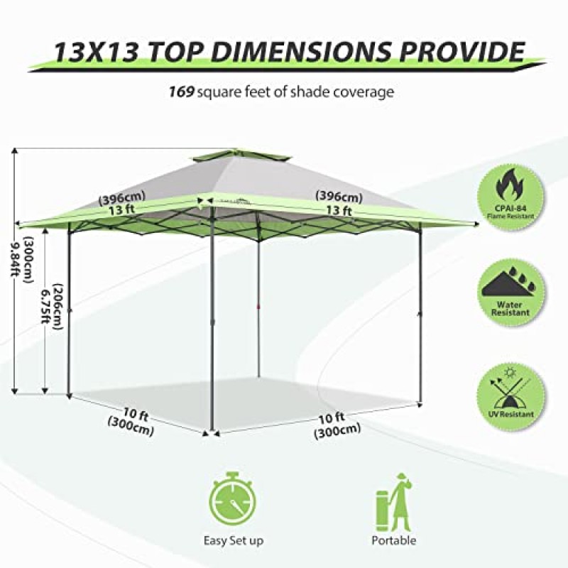 EAGLE PEAK 13x13 직선 다리 팝업 캐노피 텐트 즉석 야외 캐노피 간편한 1인 설치 접이식 대피소(자동 확장 처마 포함) 169평방피트의 그늘(회색)