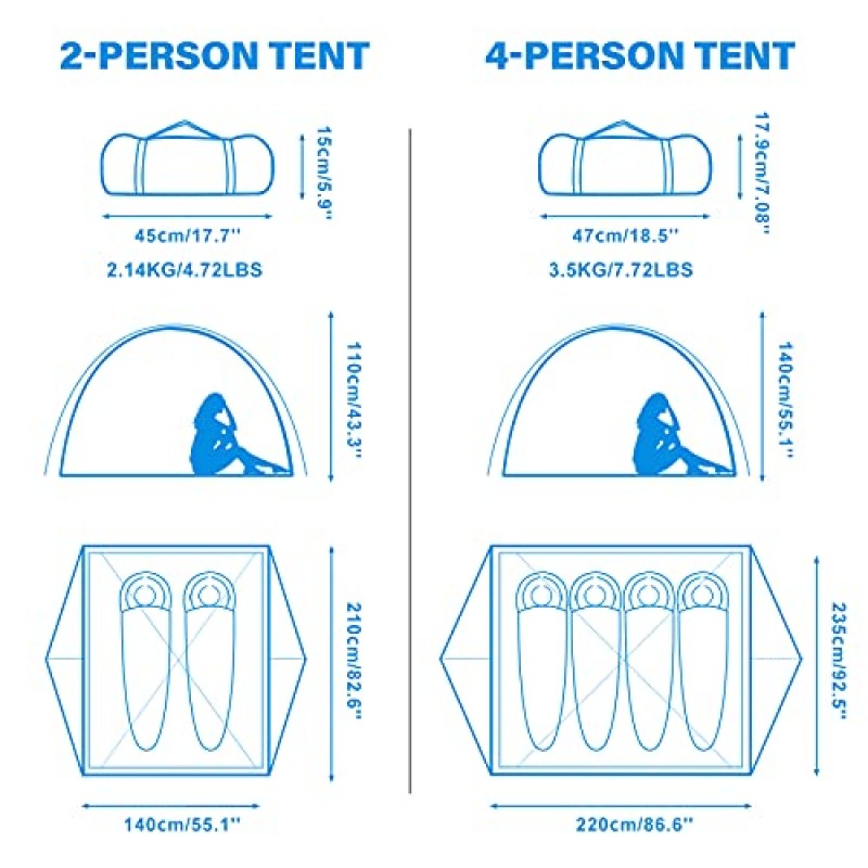 BISINNA 2/4인 캠핑 텐트 경량 배낭 텐트 방수 방풍 2도어 간편한 설정 더블 레이어 야외 텐트 가족 캠핑 수렵 하이킹 등산 여행